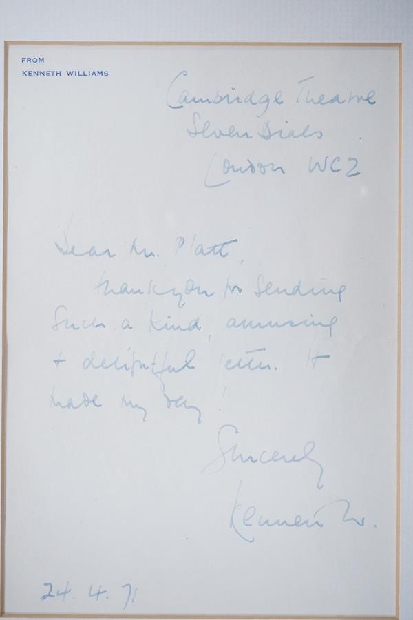 Six framed autographs and letters; including a letter from Kenneth Williams on headed notepaper dated 1971, together with another Williams signed photograph, a signed photograph of Clive Dunn, dated February ‘87, a signe